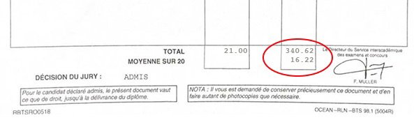 Bulletin relevé de notes de  pour son BTSA ANABIOTEC